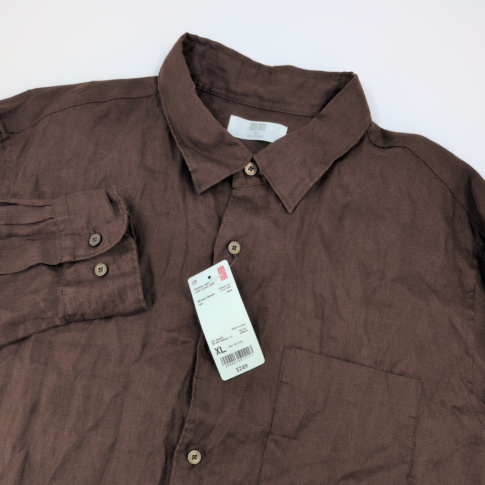 UNIQLO Premium 100% Linen Shirt Mens XL Dark Brown Long Sleeve Button Up NWT